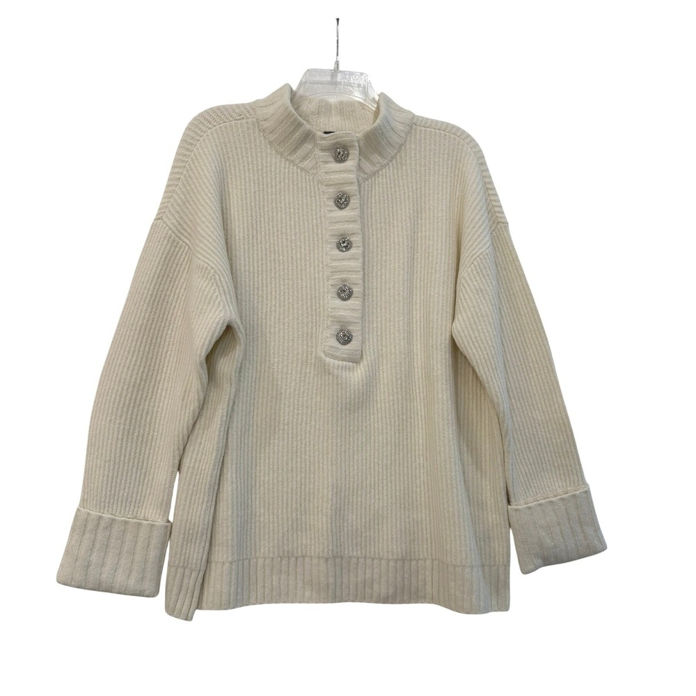 Talbots Plus 1X Cream Ribbed Henley Style Sweater Rhinestone Button‎ Wool Blend